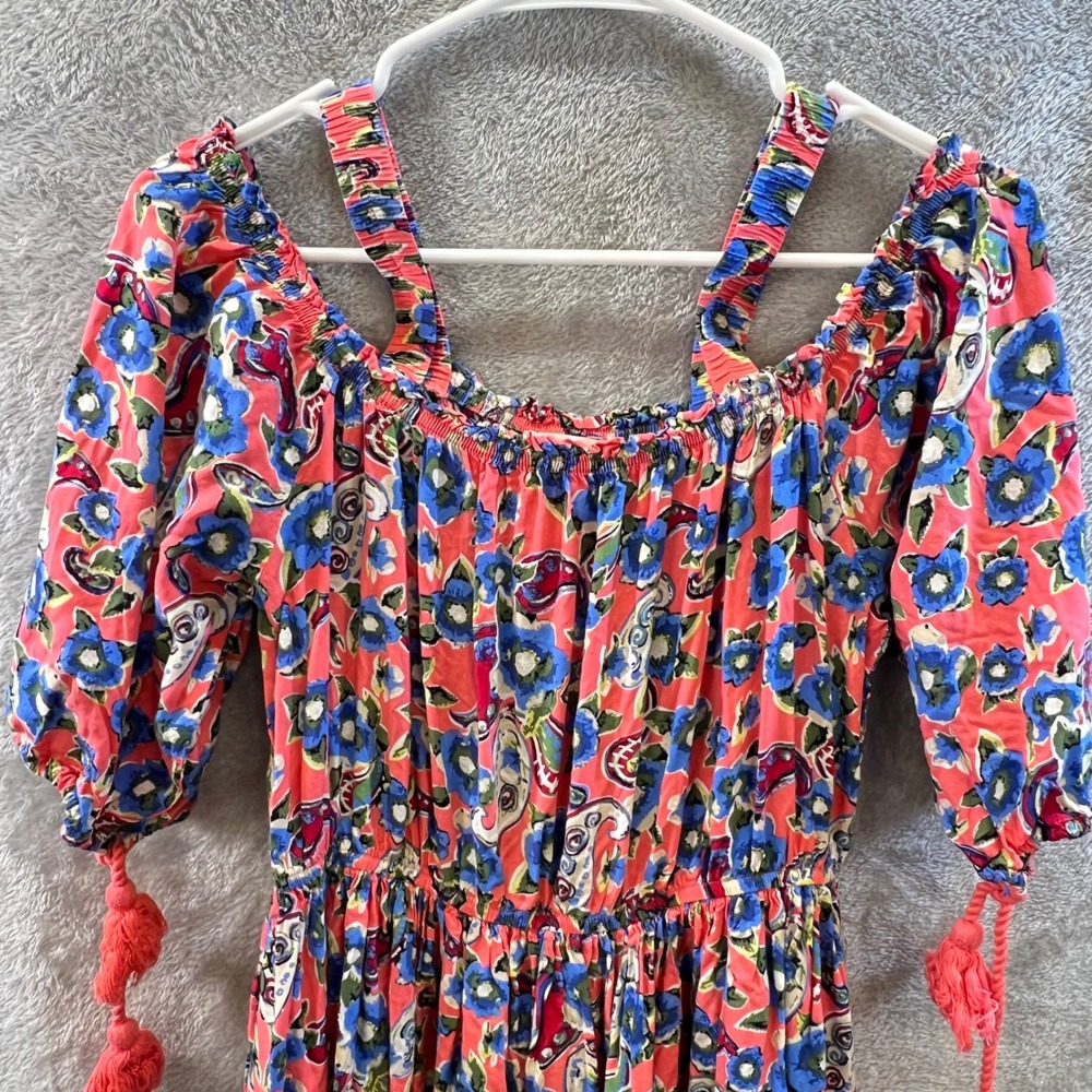 Floral Paisley Medium Cold Shoulder Boho Peasant‎ Dress Coral Blue Cottagecore